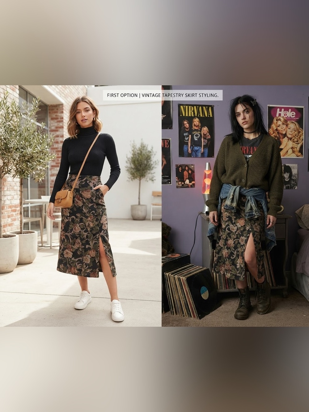 Vintage 90s First Option Floral Tapestry Maxi Skirt Medium Black Boho Grunge
